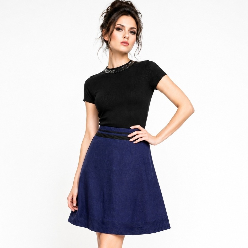 Marc Jacobs Navy Blue Linen Viscose A-Line Skirt Grosgrain Trim Size 4